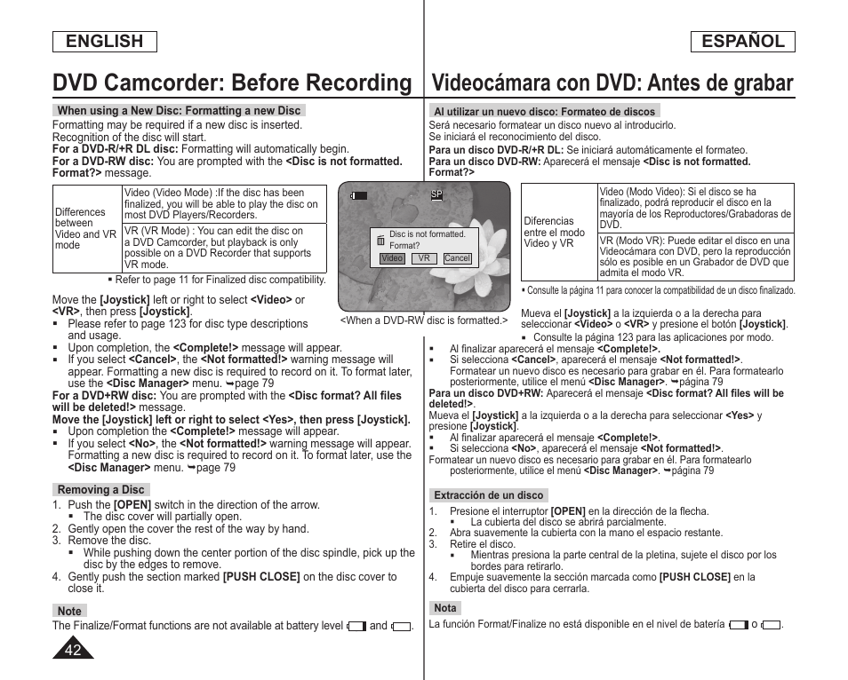 Videocámara con dvd: antes de grabar, Dvd camcorder: before recording, English | Español | Samsung SC-DC173U-XAA User Manual | Page 42 / 128