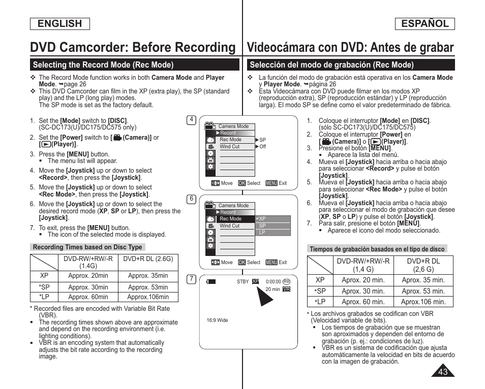 Videocámara con dvd: antes de grabar, Dvd camcorder: before recording, English | Español | Samsung SC-DC173U-XAA User Manual | Page 43 / 128