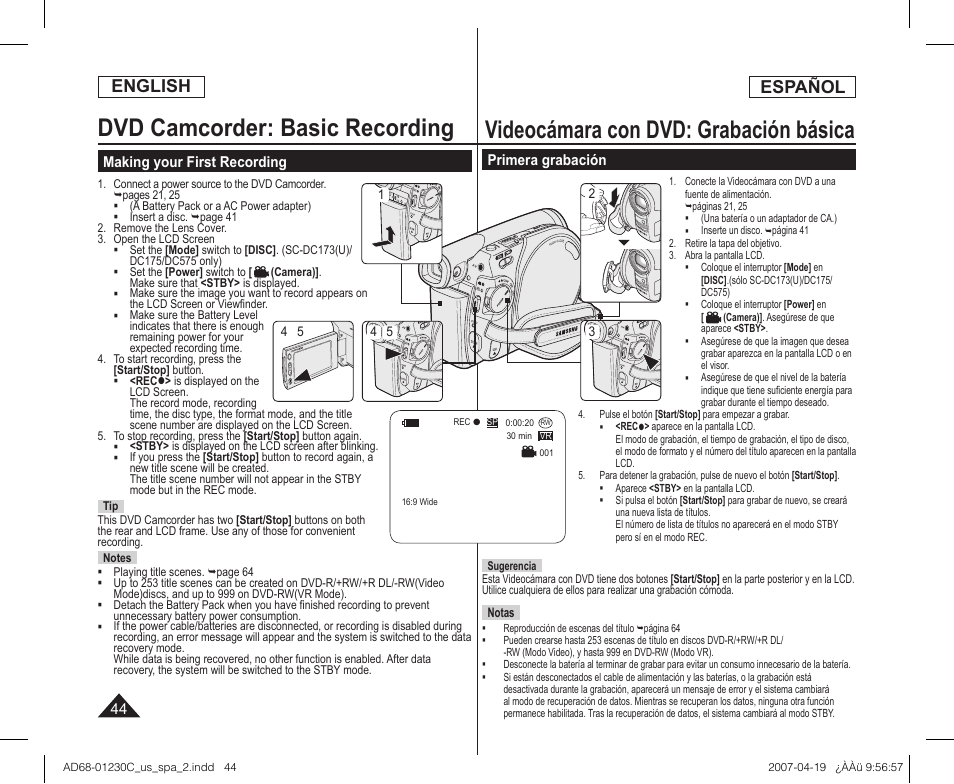 Videocámara con dvd: grabación básica, Dvd camcorder: basic recording, English | Español | Samsung SC-DC173U-XAA User Manual | Page 44 / 128