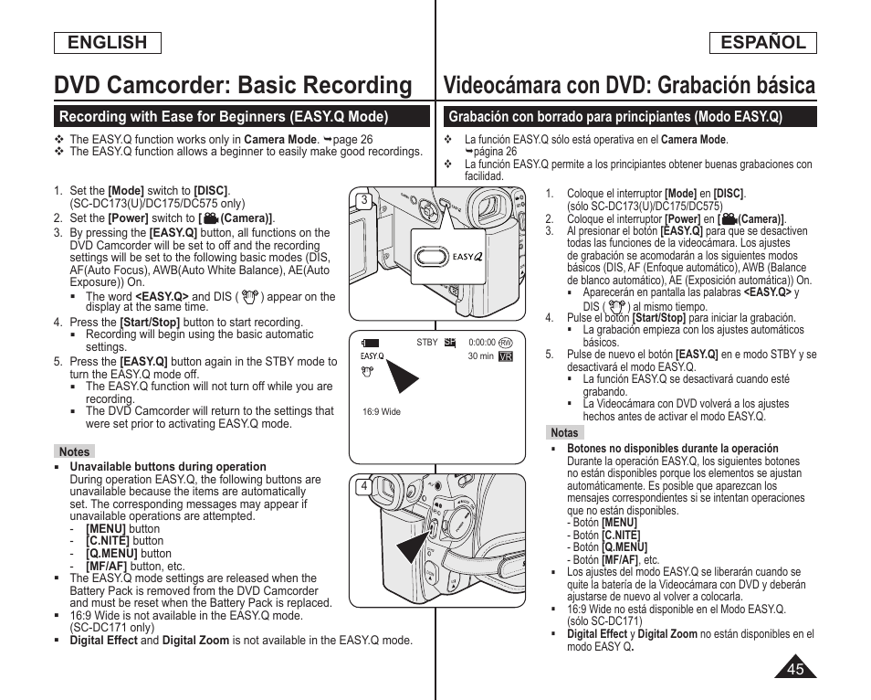 Videocámara con dvd: grabación básica, Dvd camcorder: basic recording, English | Español | Samsung SC-DC173U-XAA User Manual | Page 45 / 128