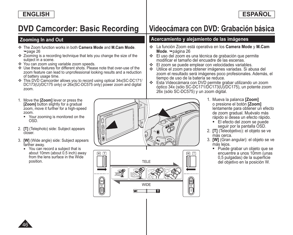 Videocámara con dvd: grabación básica, Dvd camcorder: basic recording, English | Español | Samsung SC-DC173U-XAA User Manual | Page 46 / 128