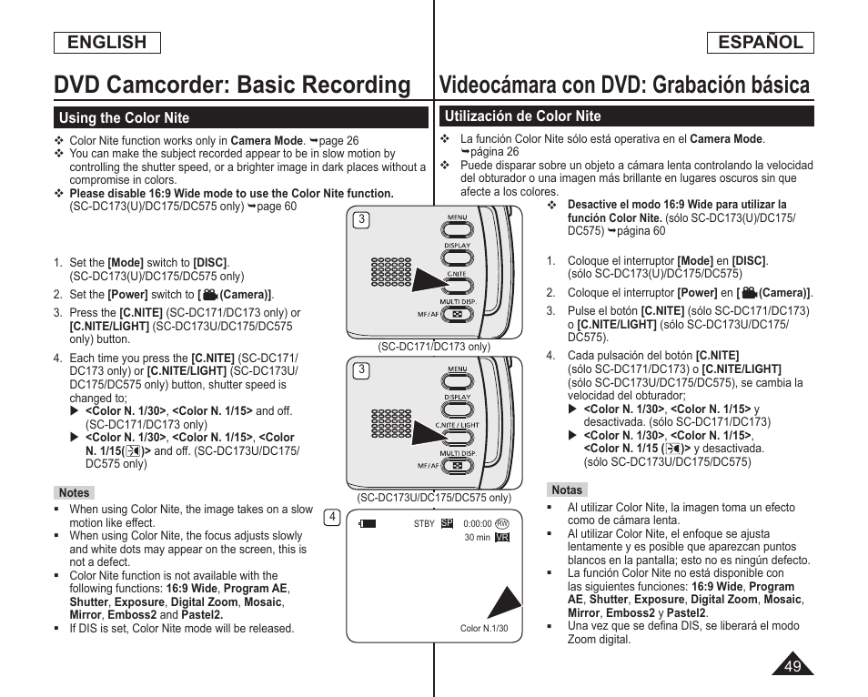 Videocámara con dvd: grabación básica, Dvd camcorder: basic recording, English | Español | Samsung SC-DC173U-XAA User Manual | Page 49 / 128