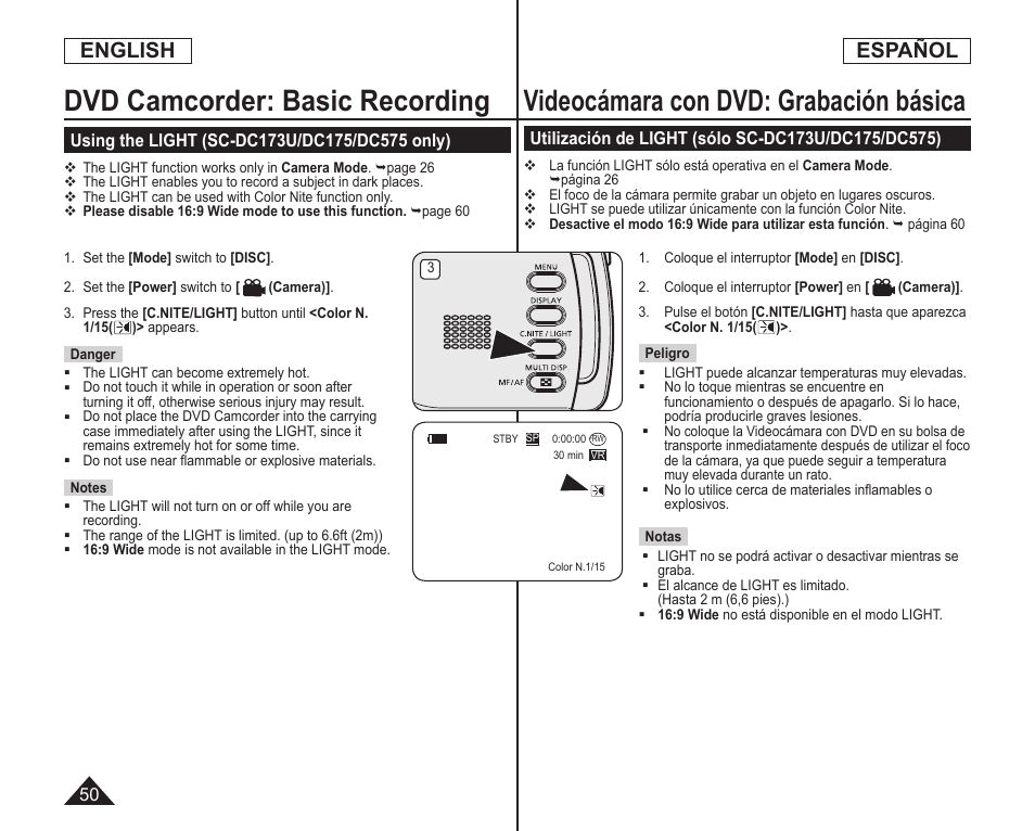 Videocámara con dvd: grabación básica, Dvd camcorder: basic recording, English | Español | Samsung SC-DC173U-XAA User Manual | Page 50 / 128