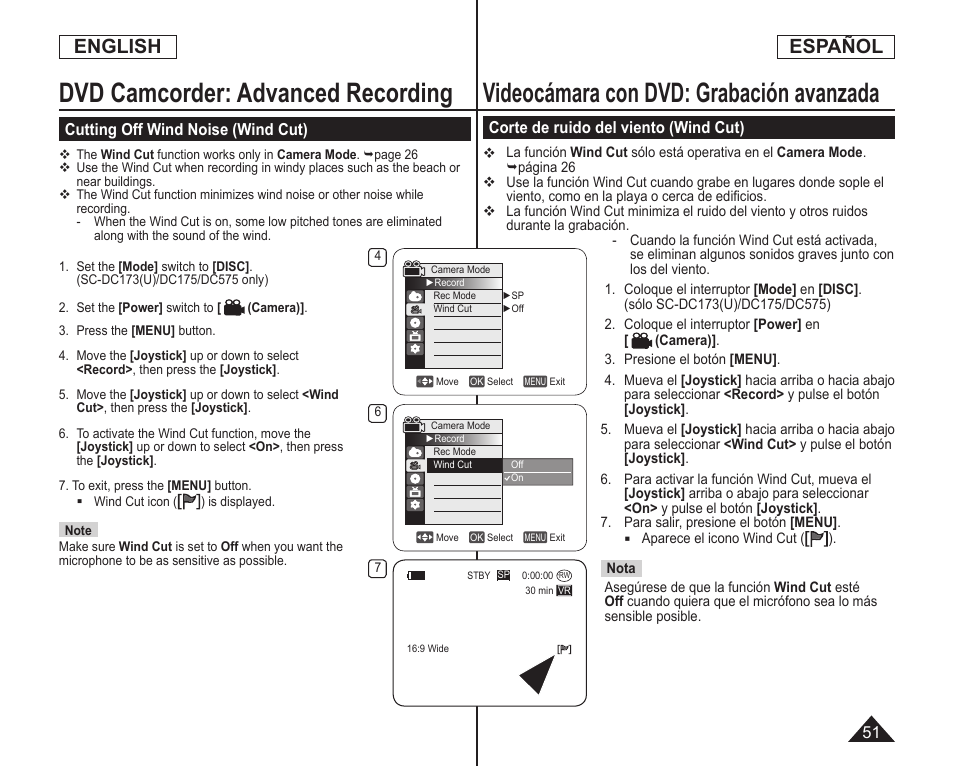 Videocámara con dvd: grabación avanzada, Dvd camcorder: advanced recording, English | Español | Samsung SC-DC173U-XAA User Manual | Page 51 / 128