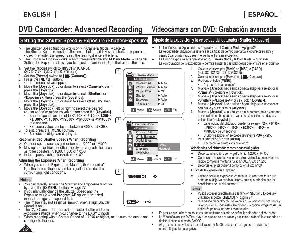 Videocámara con dvd: grabación avanzada, Dvd camcorder: advanced recording, English | Español | Samsung SC-DC173U-XAA User Manual | Page 52 / 128