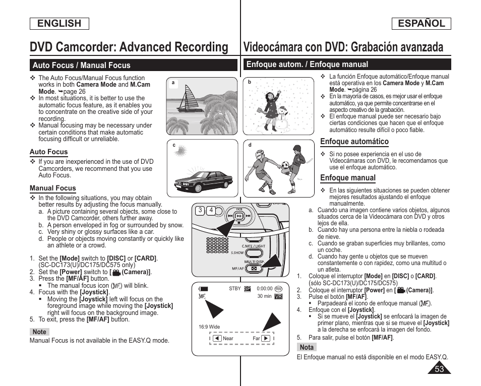 Videocámara con dvd: grabación avanzada, Dvd camcorder: advanced recording, English | Español | Samsung SC-DC173U-XAA User Manual | Page 53 / 128