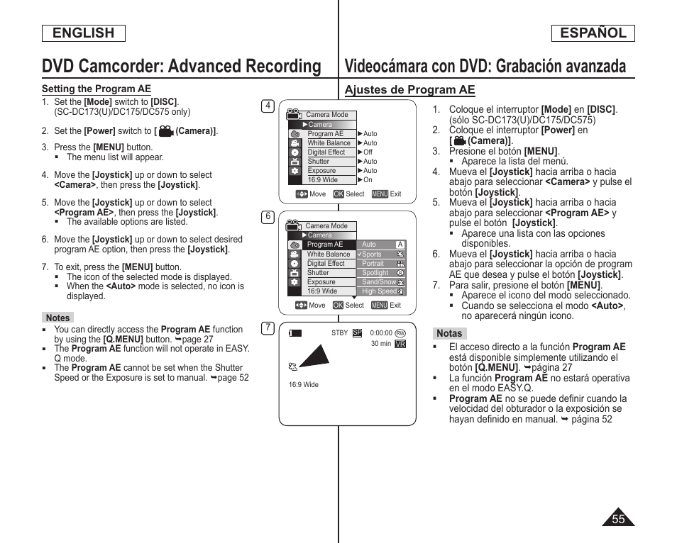 Videocámara con dvd: grabación avanzada, Dvd camcorder: advanced recording, English | Español | Samsung SC-DC173U-XAA User Manual | Page 55 / 128