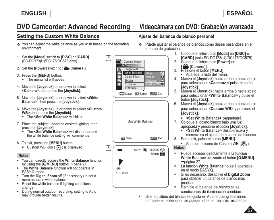 Videocámara con dvd: grabación avanzada, Dvd camcorder: advanced recording, English | Español, Setting the custom white balance | Samsung SC-DC173U-XAA User Manual | Page 57 / 128