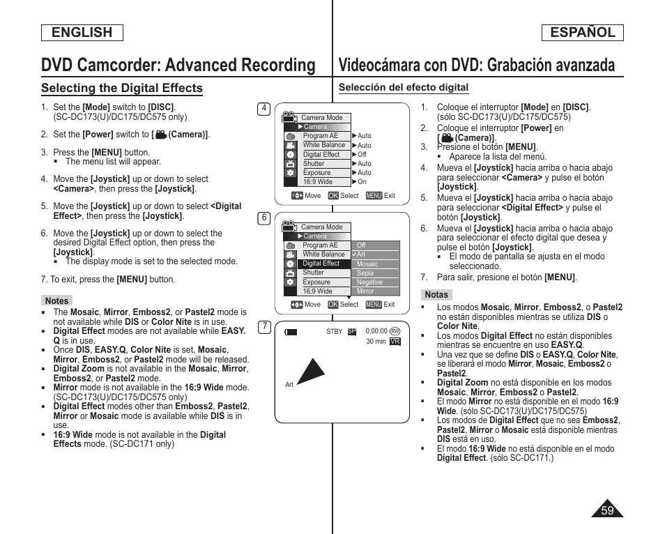 Videocámara con dvd: grabación avanzada, Dvd camcorder: advanced recording, English | Español, Selecting the digital effects | Samsung SC-DC173U-XAA User Manual | Page 59 / 128