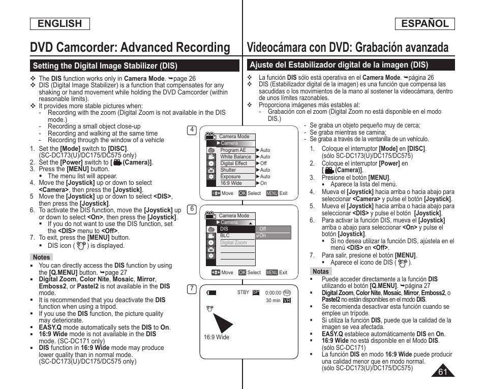 Videocámara con dvd: grabación avanzada, Dvd camcorder: advanced recording, English | Español | Samsung SC-DC173U-XAA User Manual | Page 61 / 128