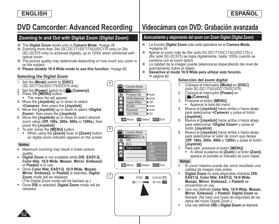 Videocámara con dvd: grabación avanzada, Dvd camcorder: advanced recording, English | Español | Samsung SC-DC173U-XAA User Manual | Page 62 / 128