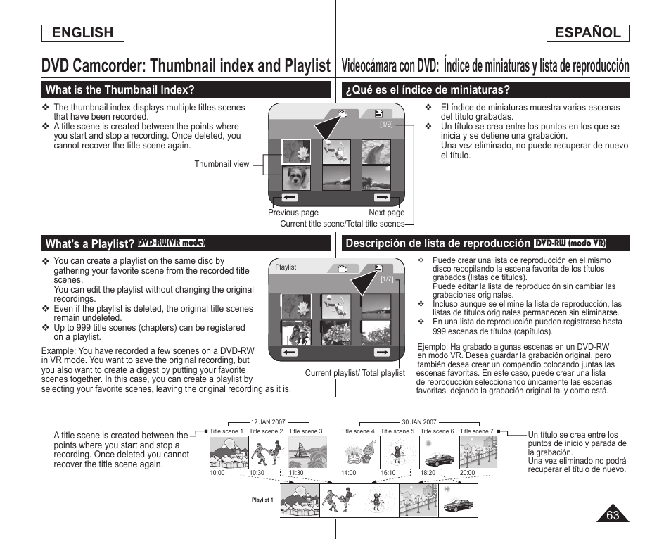 Dvd camcorder: thumbnail index and playlist, English, Español | Qué es el índice de miniaturas, Descripción de lista de reproducción, What is the thumbnail index, What’s a playlist | Samsung SC-DC173U-XAA User Manual | Page 63 / 128