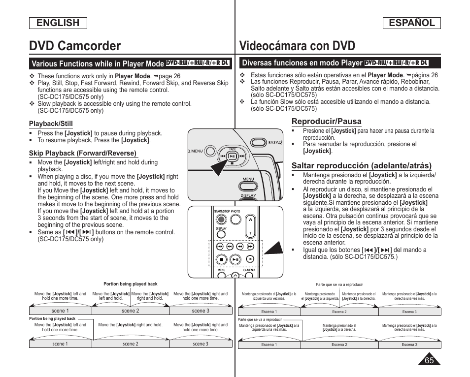 Videocámara con dvd, Dvd camcorder, English | Español, Diversas funciones en modo player, Reproducir/pausa, Saltar reproducción (adelante/atrás), Various functions while in player mode | Samsung SC-DC173U-XAA User Manual | Page 65 / 128