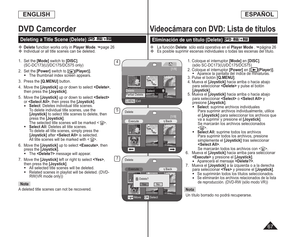 Videocámara con dvd: lista de títulos, Dvd camcorder, English | Español | Samsung SC-DC173U-XAA User Manual | Page 67 / 128