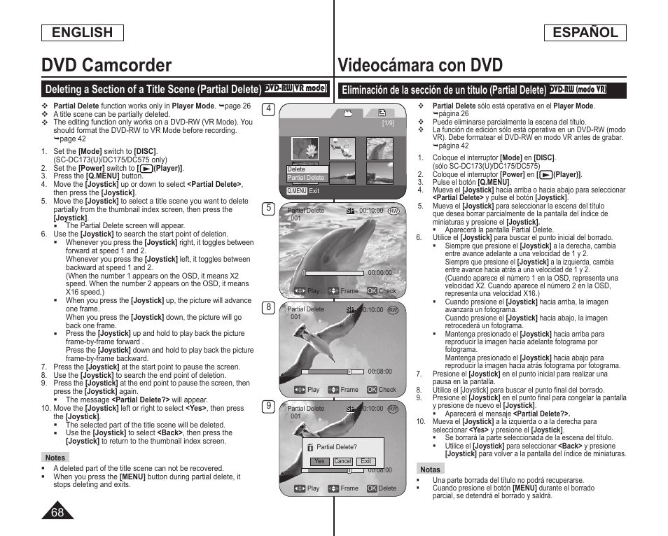 Videocámara con dvd, Dvd camcorder, English | Español | Samsung SC-DC173U-XAA User Manual | Page 68 / 128