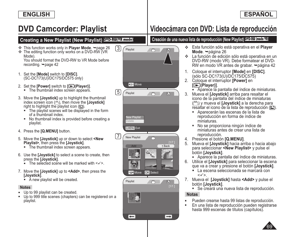 Videocámara con dvd: lista de reproducción, Dvd camcorder: playlist, English | Español | Samsung SC-DC173U-XAA User Manual | Page 69 / 128