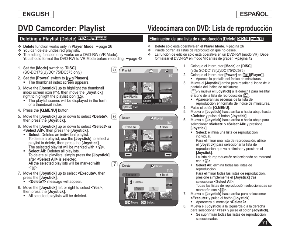 Videocámara con dvd: lista de reproducción, Dvd camcorder: playlist, English | Español, Eliminación de una lista de reproducción (delete), Deleting a playlist (delete) | Samsung SC-DC173U-XAA User Manual | Page 71 / 128