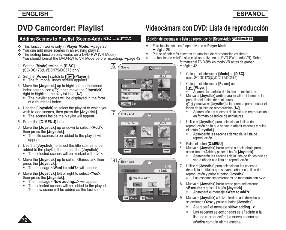 Videocámara con dvd: lista de reproducción, Dvd camcorder: playlist, English | Español | Samsung SC-DC173U-XAA User Manual | Page 72 / 128