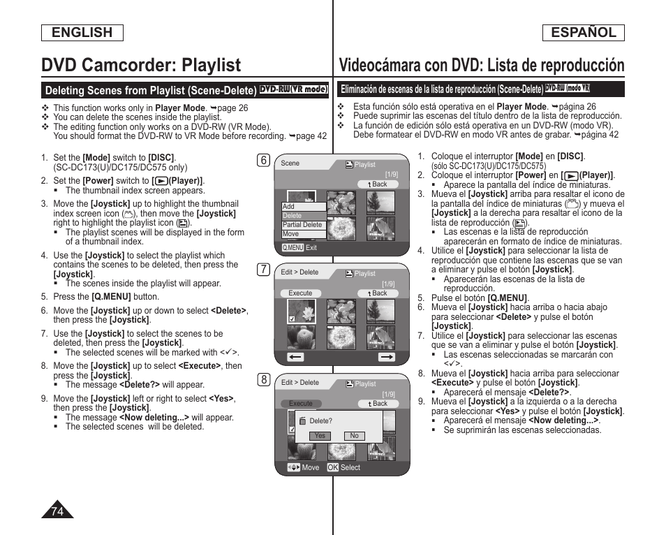 Videocámara con dvd: lista de reproducción, Dvd camcorder: playlist, English | Español | Samsung SC-DC173U-XAA User Manual | Page 74 / 128
