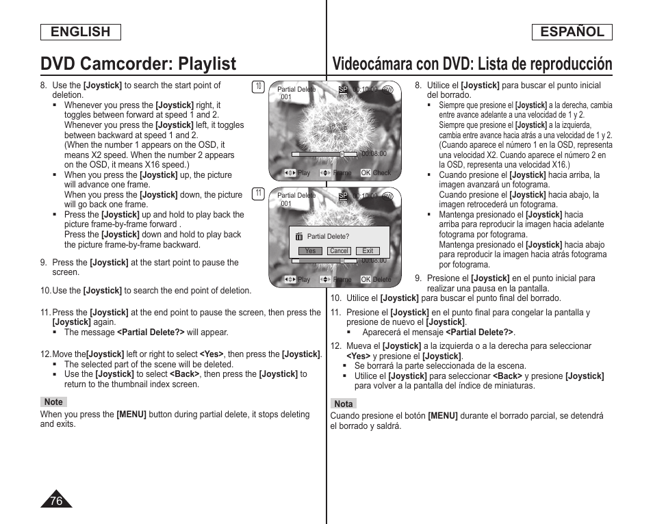 Videocámara con dvd: lista de reproducción, Dvd camcorder: playlist, English | Español | Samsung SC-DC173U-XAA User Manual | Page 76 / 128