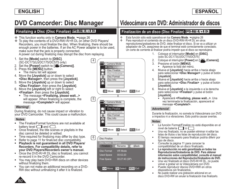 Videocámara con dvd: administrador de discos, Dvd camcorder: disc manager, English | Español, Finalización de un disco (disc finalize), Finalizing a disc (disc finalize) | Samsung SC-DC173U-XAA User Manual | Page 80 / 128