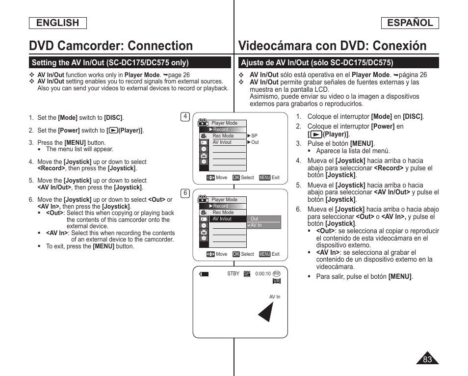 Videocámara con dvd: conexión, Dvd camcorder: connection, English | Español | Samsung SC-DC173U-XAA User Manual | Page 83 / 128