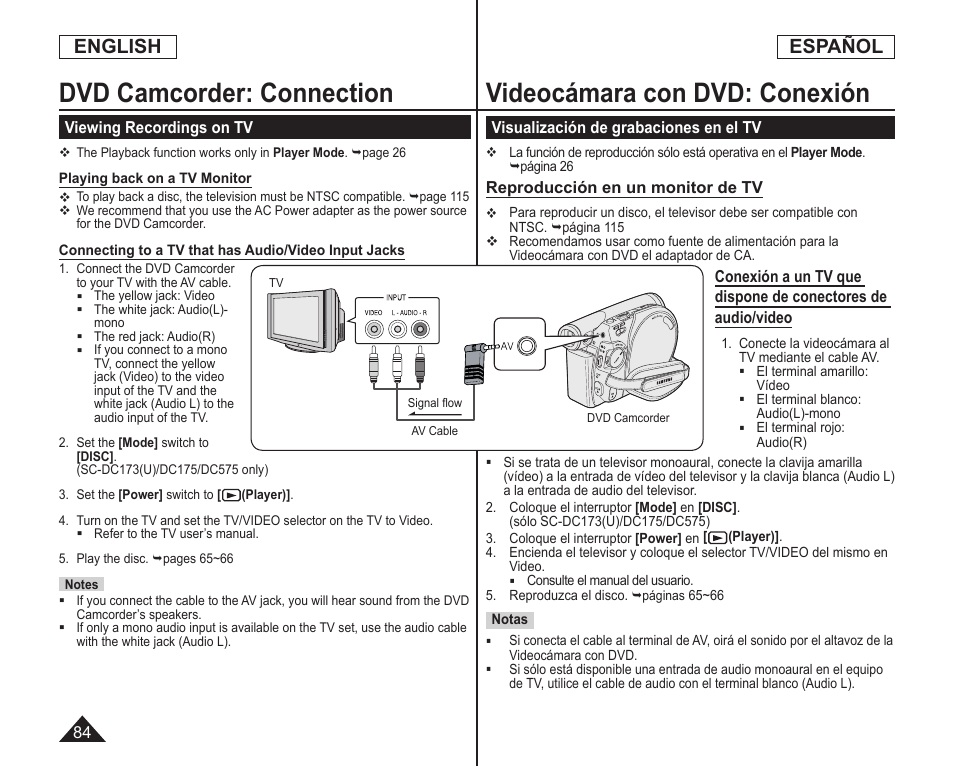 Videocámara con dvd: conexión, Dvd camcorder: connection, English | Español | Samsung SC-DC173U-XAA User Manual | Page 84 / 128