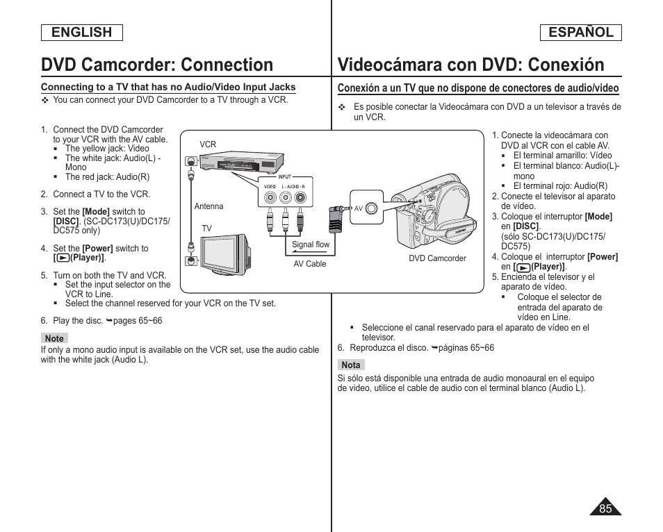 Videocámara con dvd: conexión, Dvd camcorder: connection, English | Español | Samsung SC-DC173U-XAA User Manual | Page 85 / 128