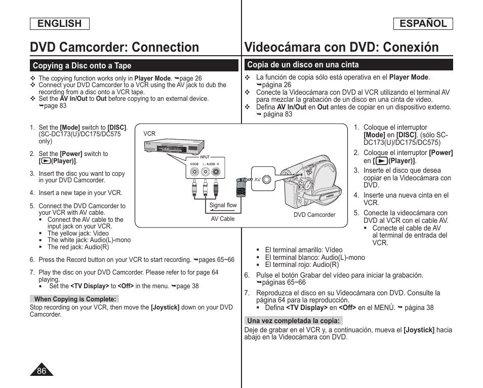 Videocámara con dvd: conexión, Dvd camcorder: connection, English | Español | Samsung SC-DC173U-XAA User Manual | Page 86 / 128