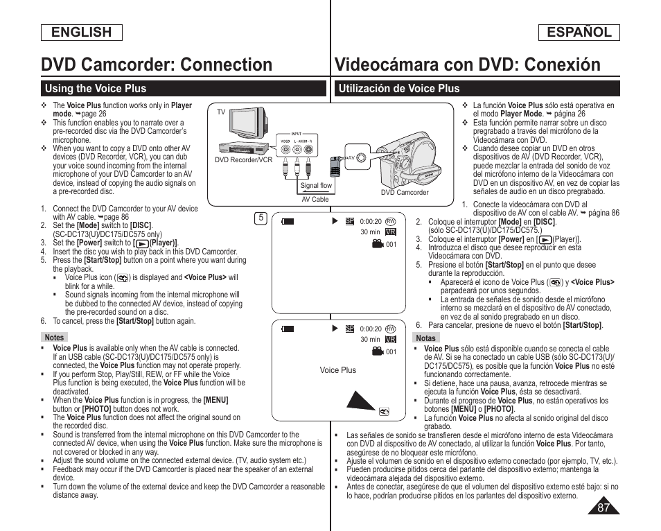 English, Español, Utilización de voice plus | Using the voice plus | Samsung SC-DC173U-XAA User Manual | Page 87 / 128