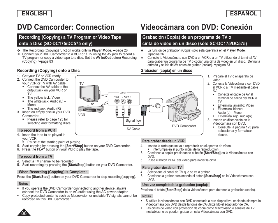 Videocámara con dvd: conexión, Dvd camcorder: connection, English | Español | Samsung SC-DC173U-XAA User Manual | Page 88 / 128