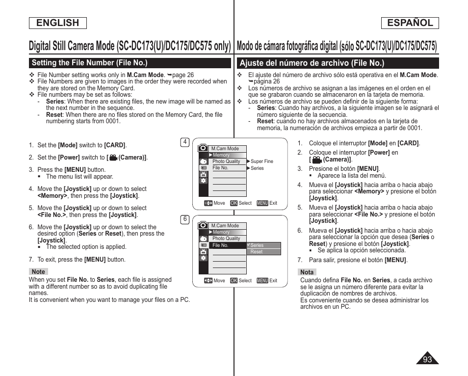 English español, Ajuste del número de archivo (file no.) | Samsung SC-DC173U-XAA User Manual | Page 93 / 128