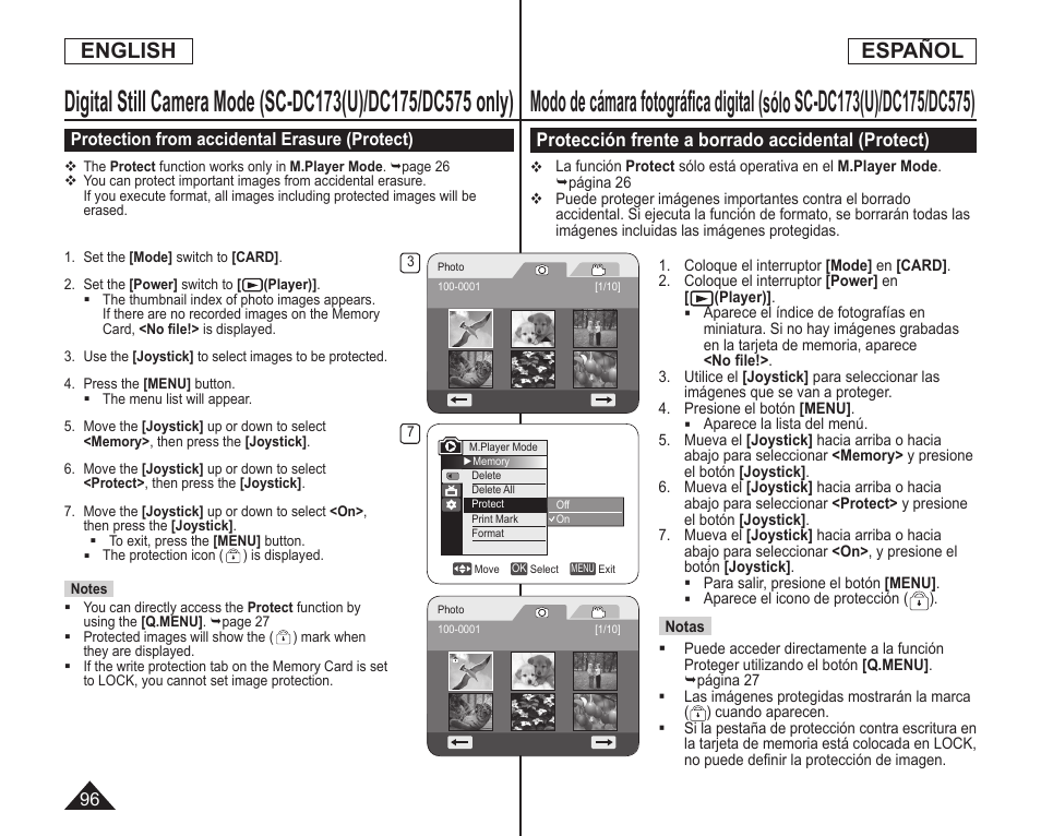 English español, Protección frente a borrado accidental (protect) | Samsung SC-DC173U-XAA User Manual | Page 96 / 128