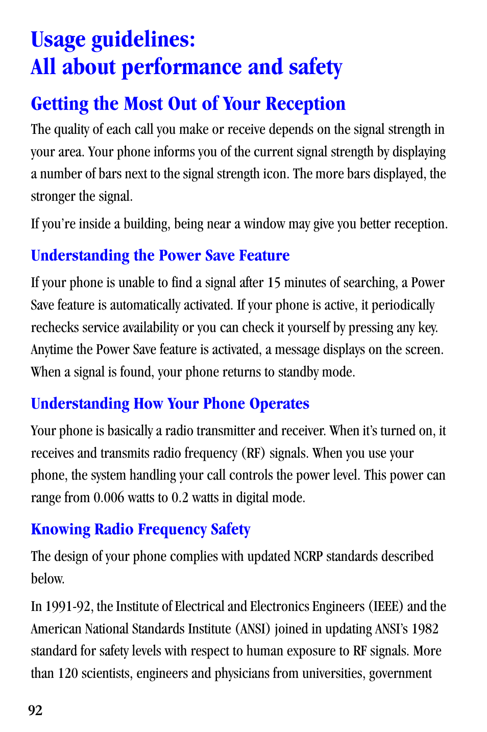 Usage guidelines: all about performance and safety, Getting the most out of your reception | Samsung SCH-A530ZSVXAR User Manual | Page 104 / 137