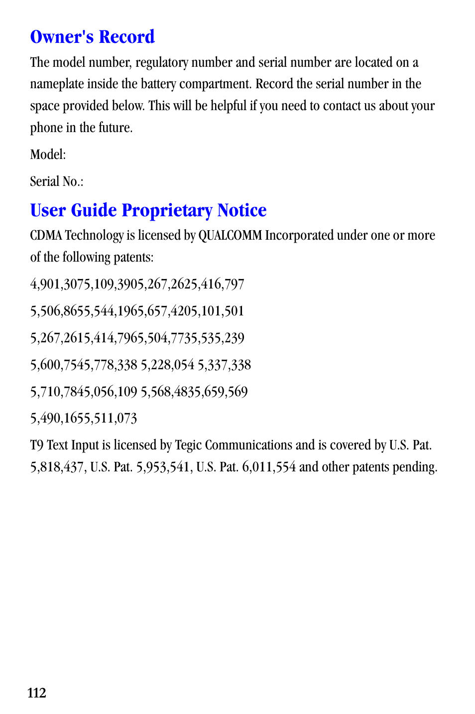 Owner's record, User guide proprietary notice | Samsung SCH-A530ZSVXAR User Manual | Page 124 / 137