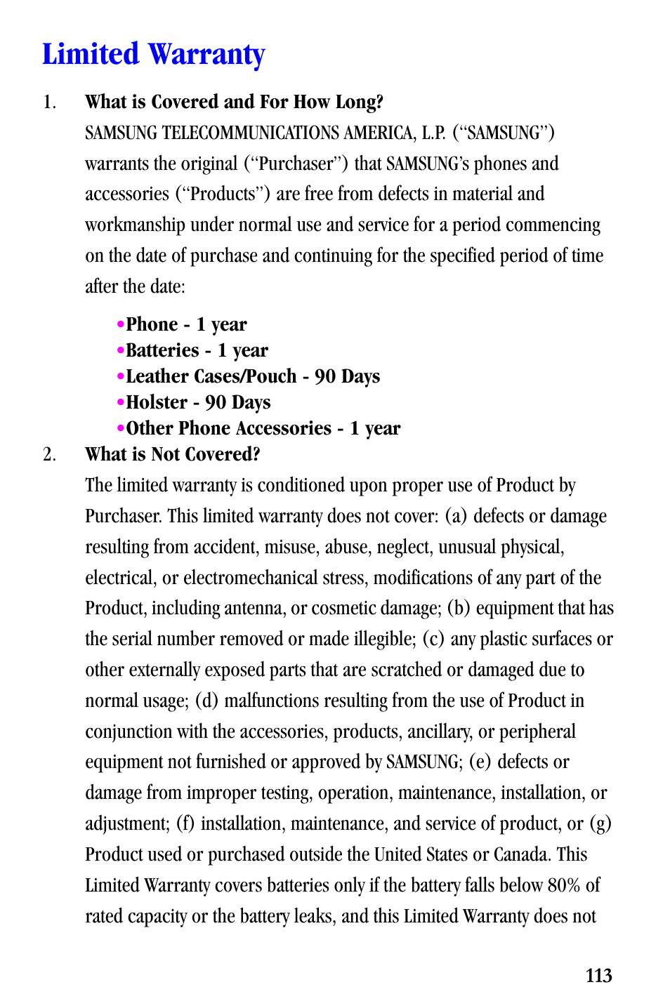 Limited warranty | Samsung SCH-A530ZSVXAR User Manual | Page 125 / 137