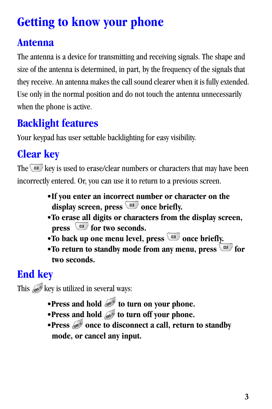 Getting to know your phone, Antenna, Backlight features | Clear key, End key | Samsung SCH-A530ZSVXAR User Manual | Page 15 / 137