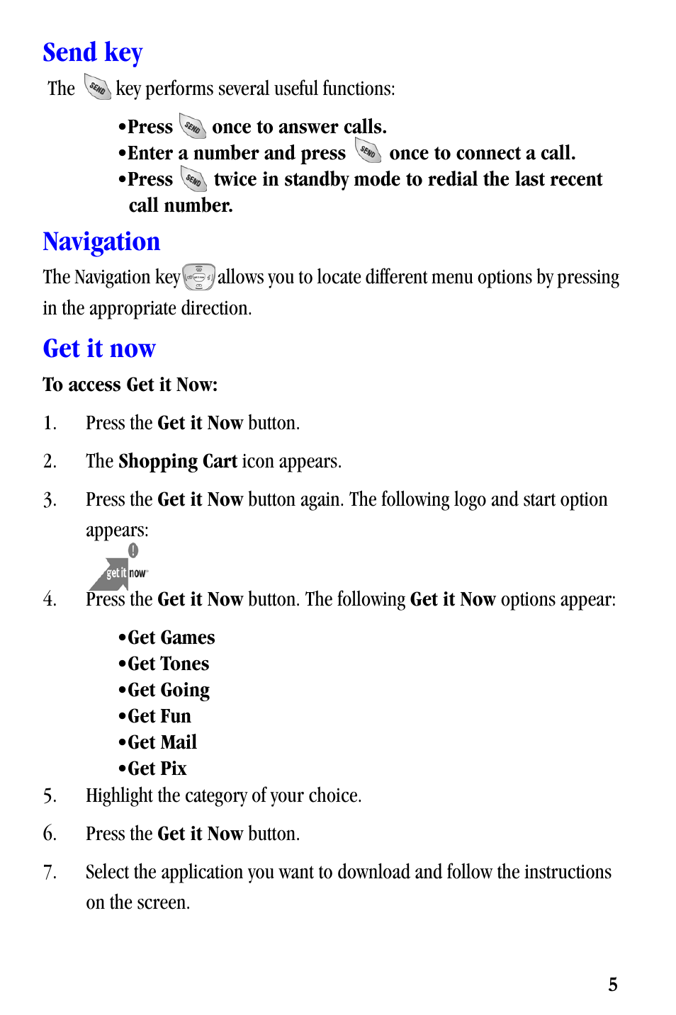 Send key, Navigation, Get it now | Samsung SCH-A530ZSVXAR User Manual | Page 17 / 137