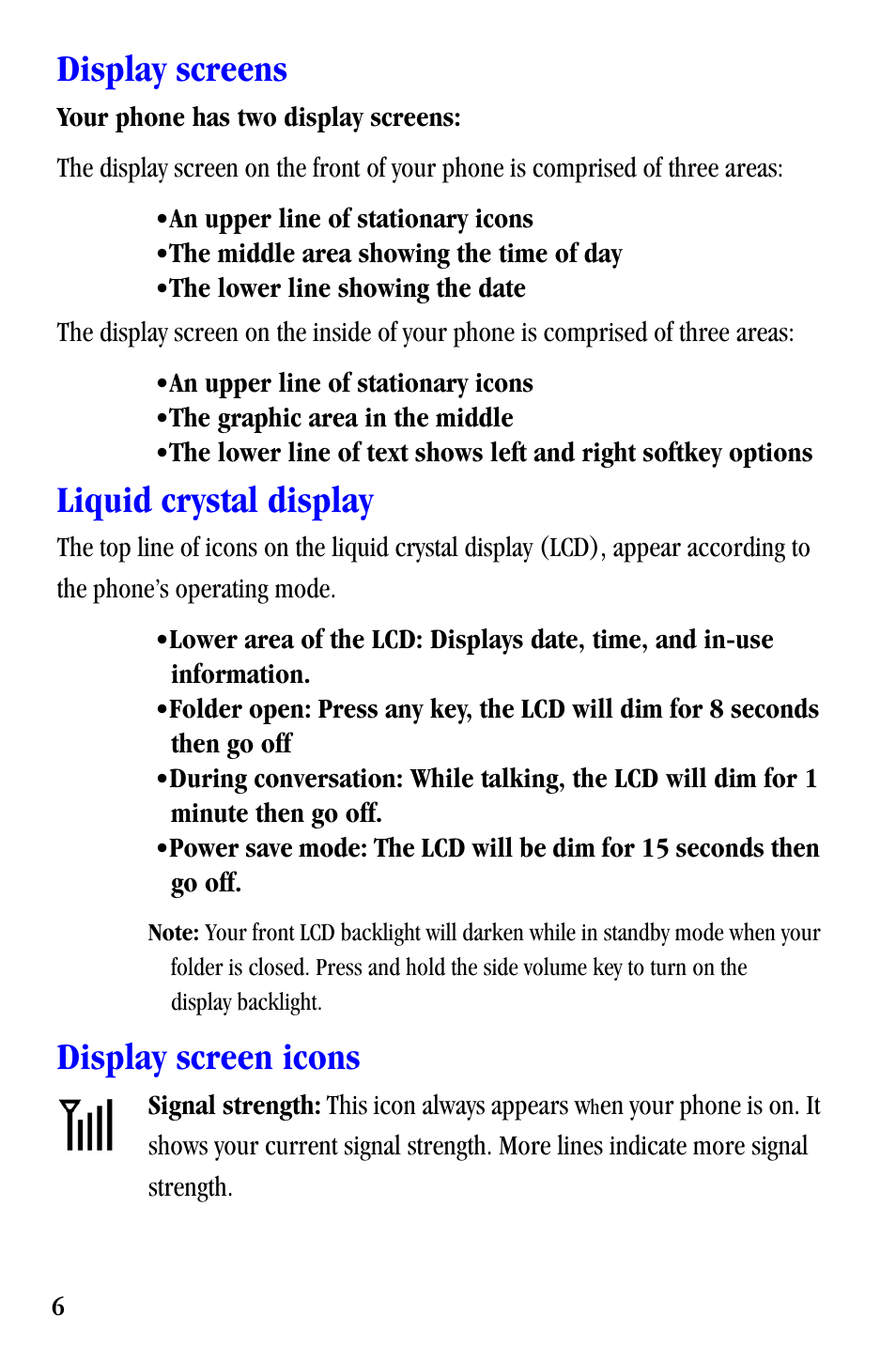 Display screens, Liquid crystal display, Display screen icons | Samsung SCH-A530ZSVXAR User Manual | Page 18 / 137