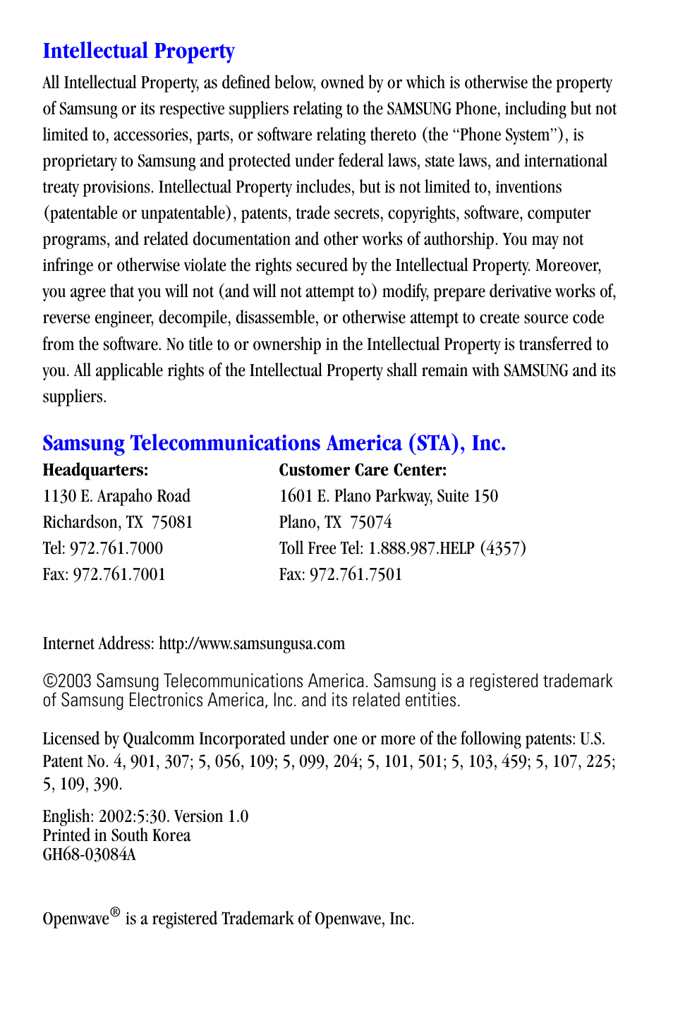 Intellectual property, Samsung telecommunications america (sta), inc | Samsung SCH-A530ZSVXAR User Manual | Page 2 / 137