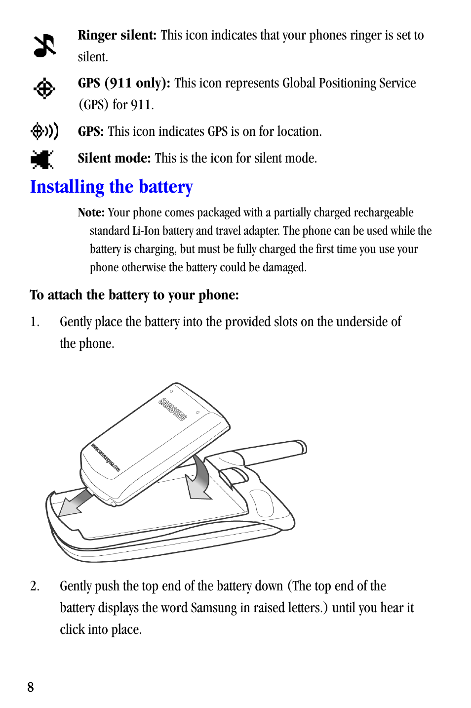 Installing the battery | Samsung SCH-A530ZSVXAR User Manual | Page 20 / 137