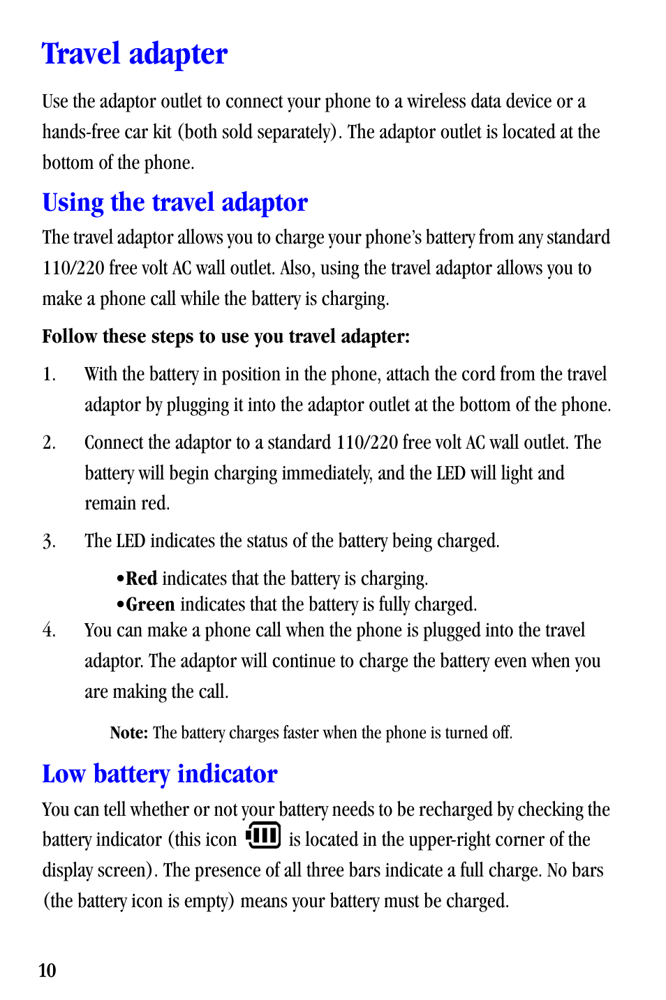 Travel adapter, Using the travel adaptor, Low battery indicator | Samsung SCH-A530ZSVXAR User Manual | Page 22 / 137