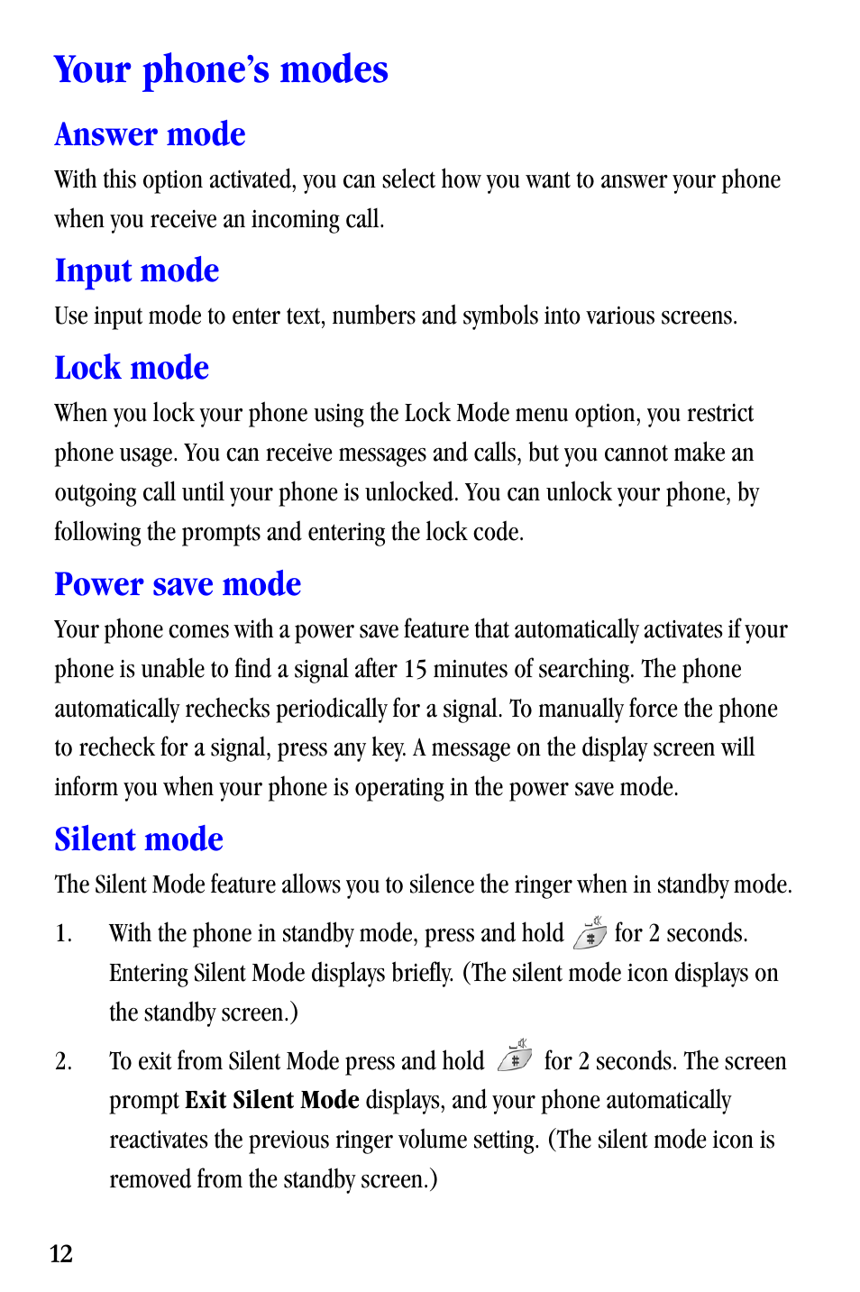 Your phone’s modes, Answer mode, Input mode | Lock mode, Power save mode, Silent mode | Samsung SCH-A530ZSVXAR User Manual | Page 24 / 137