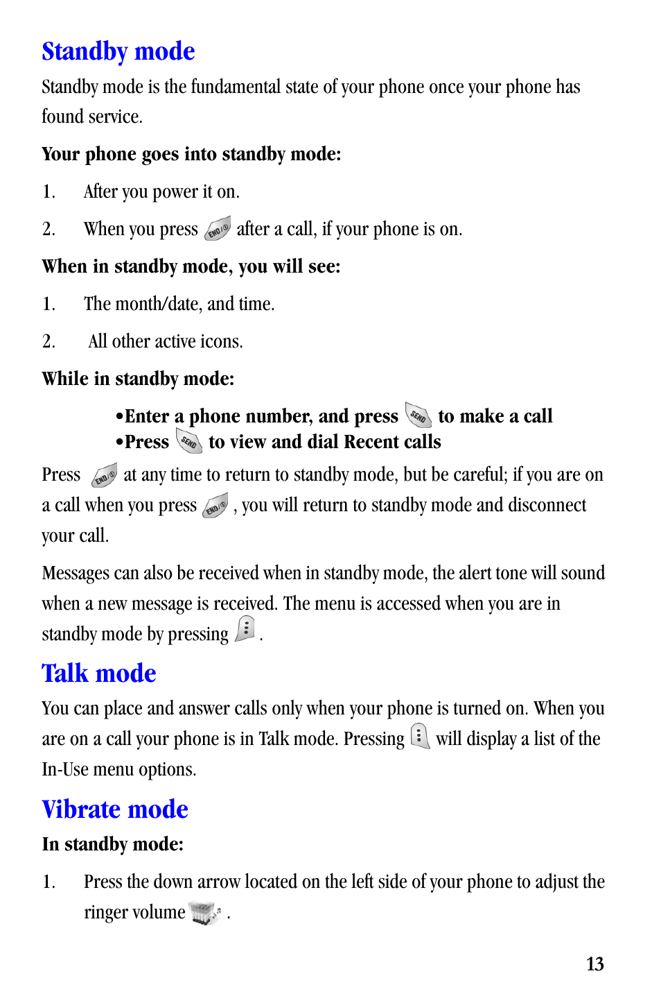 Standby mode, Talk mode, Vibrate mode | Samsung SCH-A530ZSVXAR User Manual | Page 25 / 137