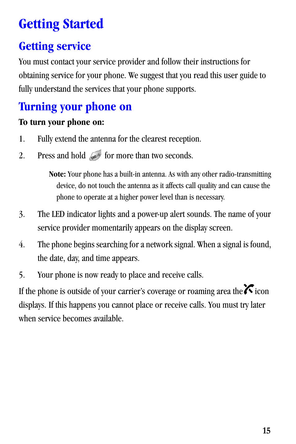 Getting started, Getting service, Turning your phone on | Samsung SCH-A530ZSVXAR User Manual | Page 27 / 137