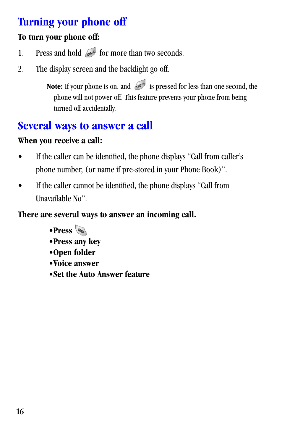 Turning your phone off, Several ways to answer a call | Samsung SCH-A530ZSVXAR User Manual | Page 28 / 137