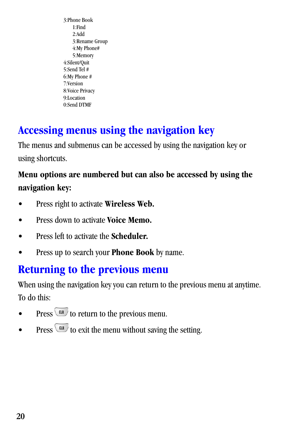 Accessing menus using the navigation key, Returning to the previous menu | Samsung SCH-A530ZSVXAR User Manual | Page 32 / 137