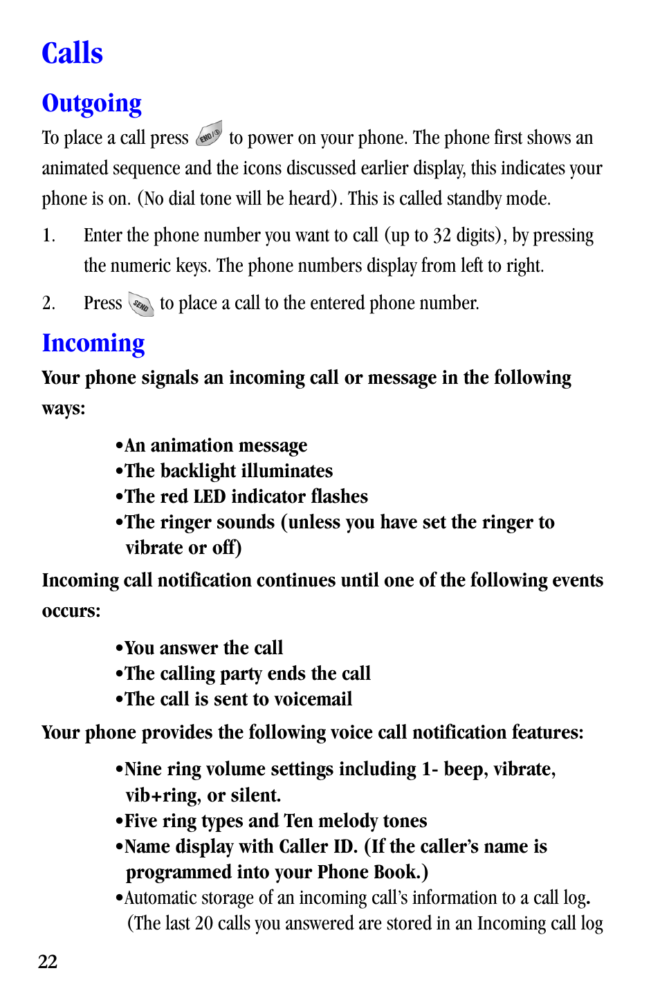 Calls, Outgoing, Incoming | Samsung SCH-A530ZSVXAR User Manual | Page 34 / 137