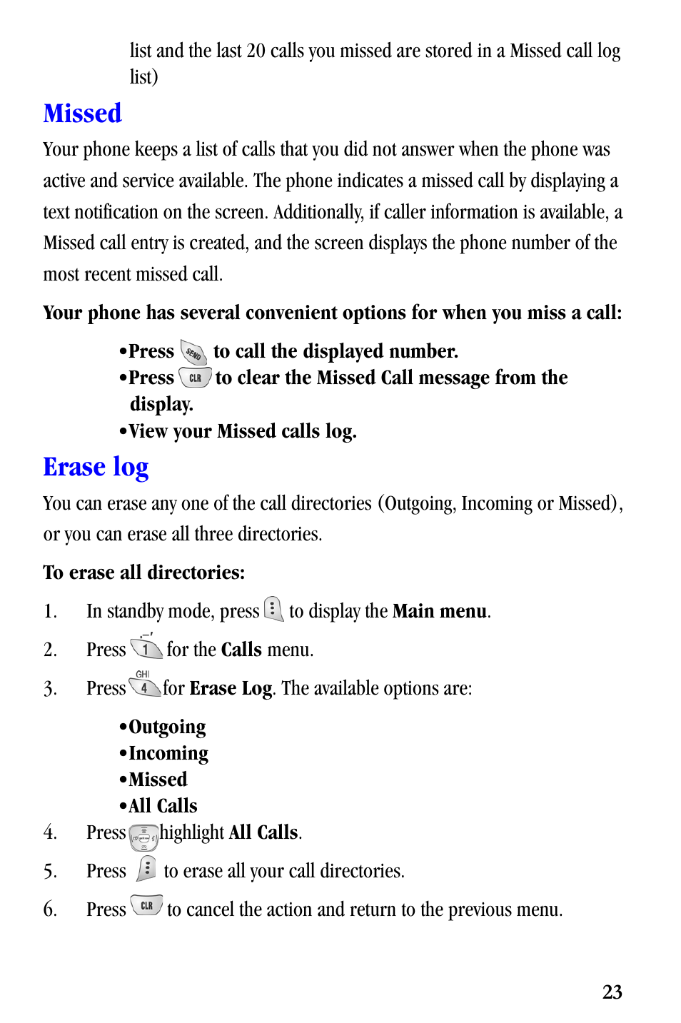 Missed, Erase log | Samsung SCH-A530ZSVXAR User Manual | Page 35 / 137