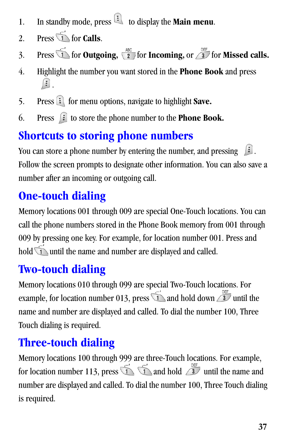 Shortcuts to storing phone numbers, One-touch dialing, Two-touch dialing | Three-touch dialing | Samsung SCH-A530ZSVXAR User Manual | Page 49 / 137